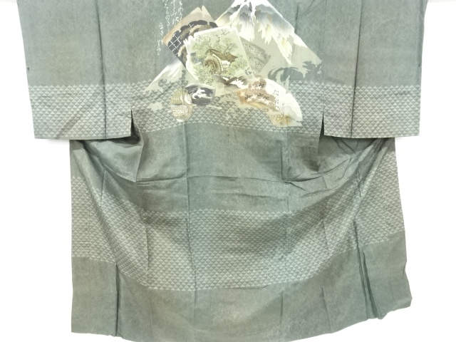 アンティーク　水車小屋に時代道具模様男物長襦袢